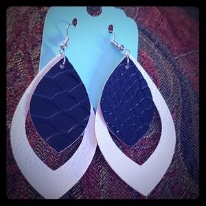 Faux Leather White and Navy Blue Teardrop Earrings